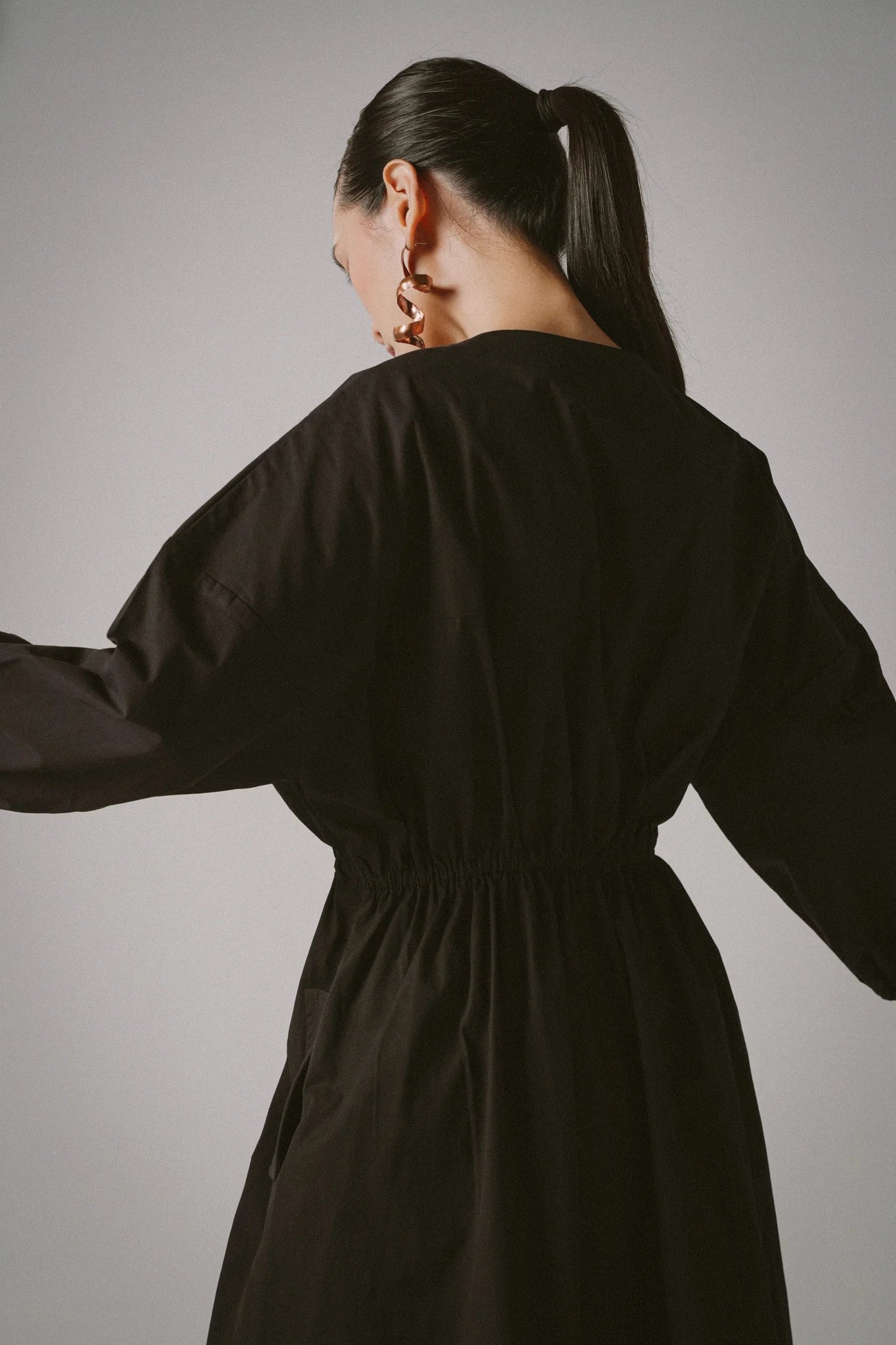 Drawstring Trench Cotton Dress -  BLACK