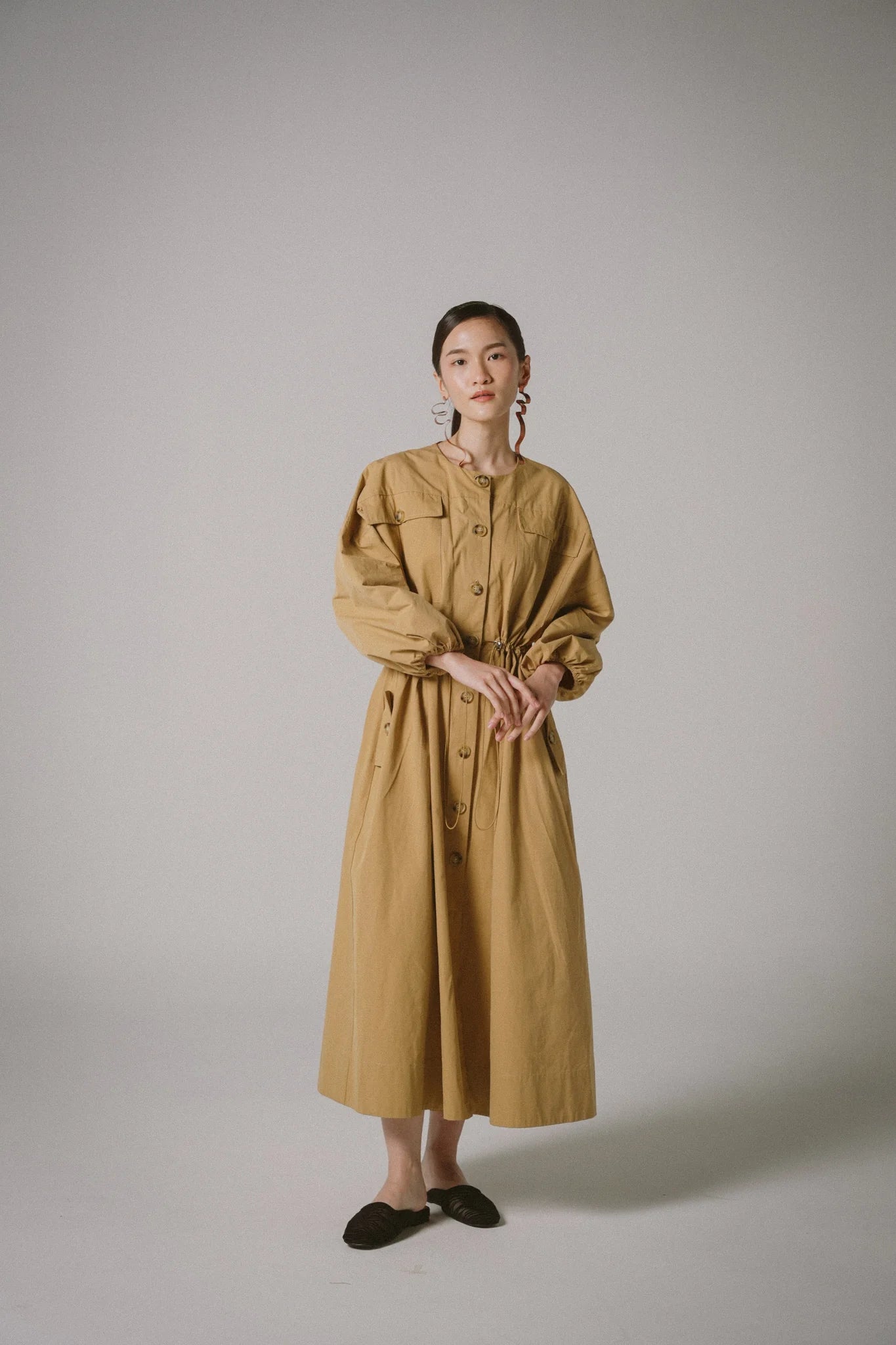 Drawstring Trench Cotton Dress -  KHAKI