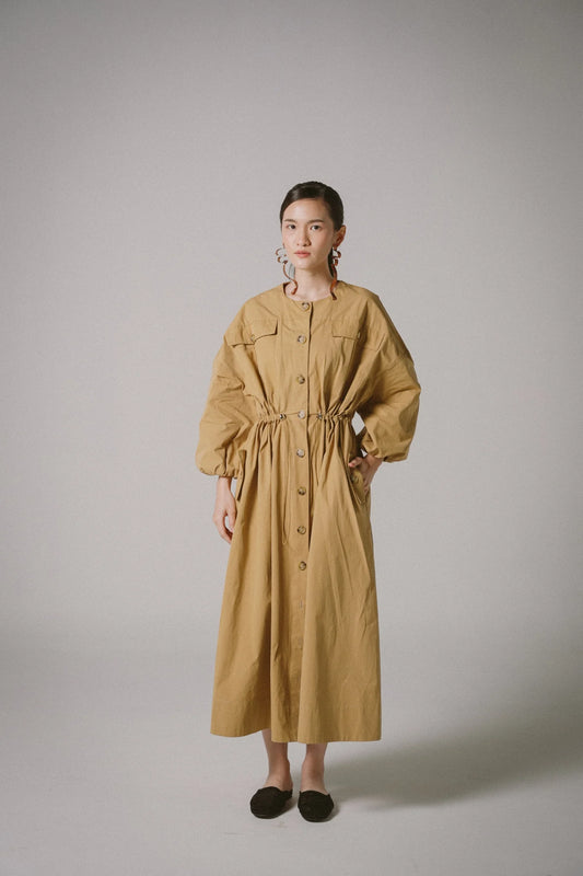 Drawstring Trench Cotton Dress -  KHAKI