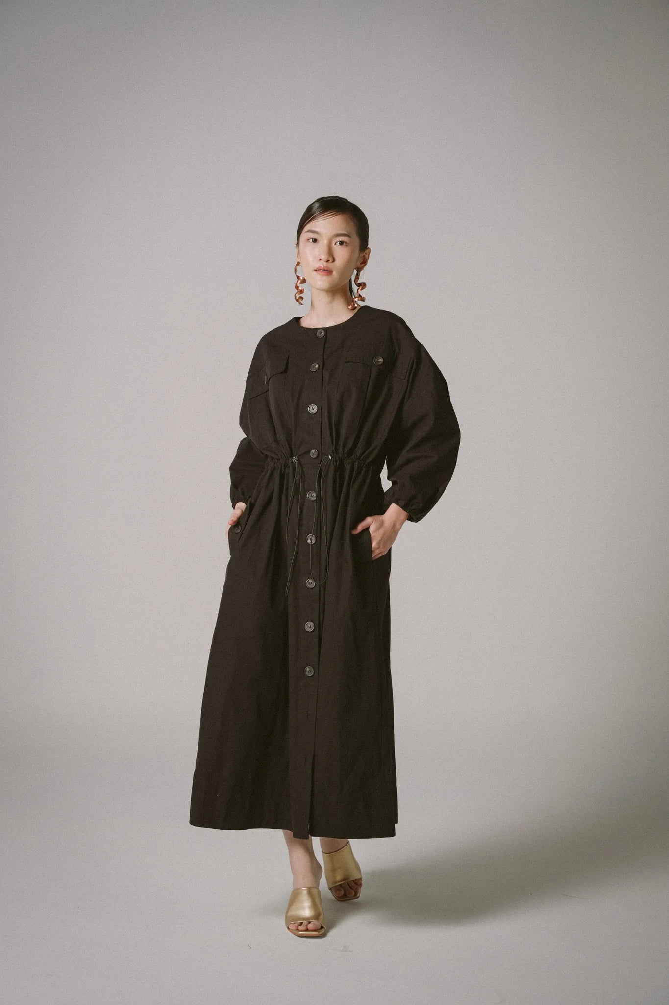 Drawstring Trench Cotton Dress -  BLACK