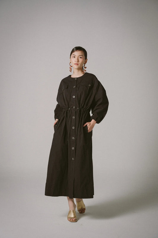 Drawstring Trench Cotton Dress -  BLACK