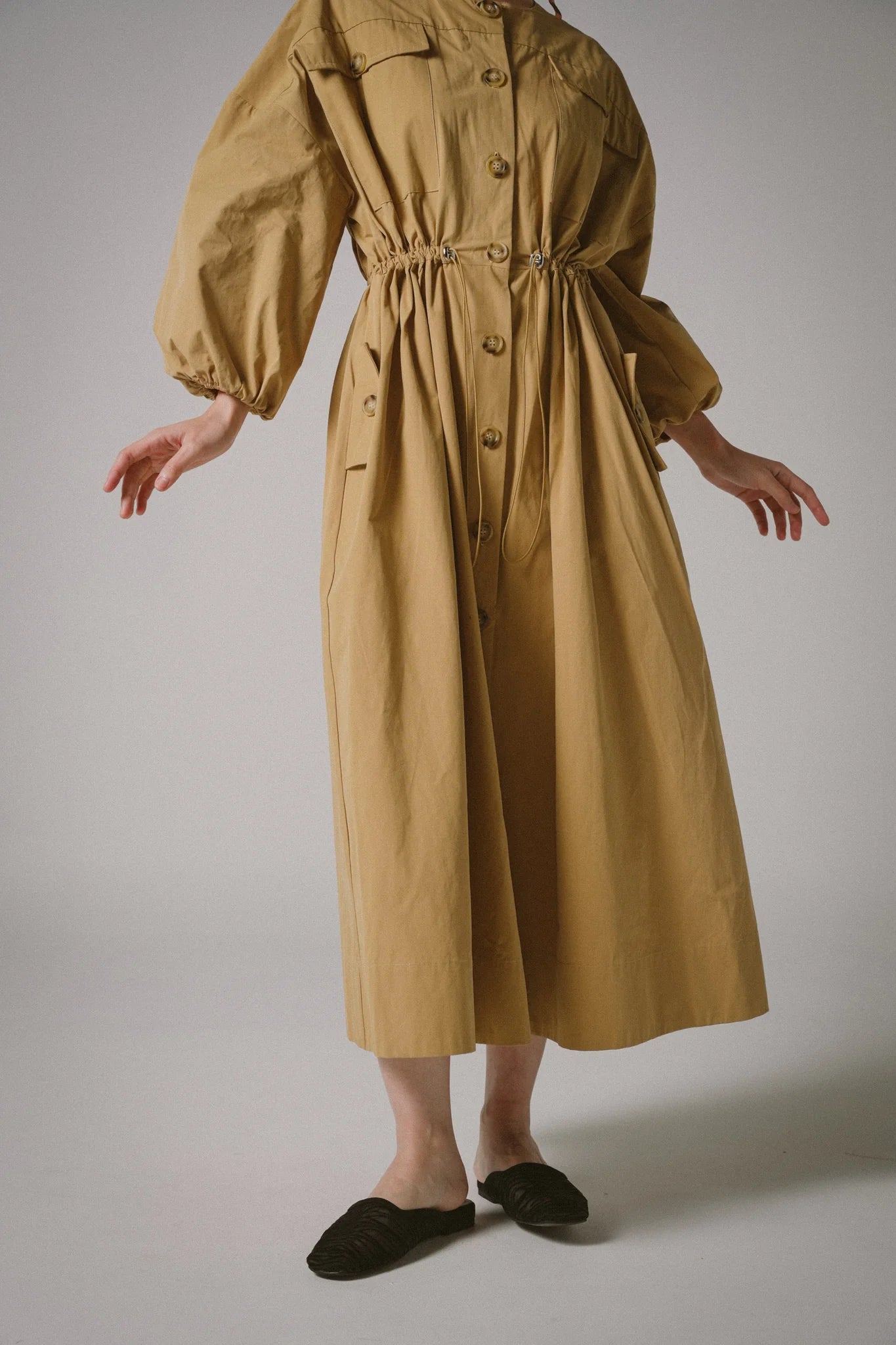 Drawstring Trench Cotton Dress -  KHAKI