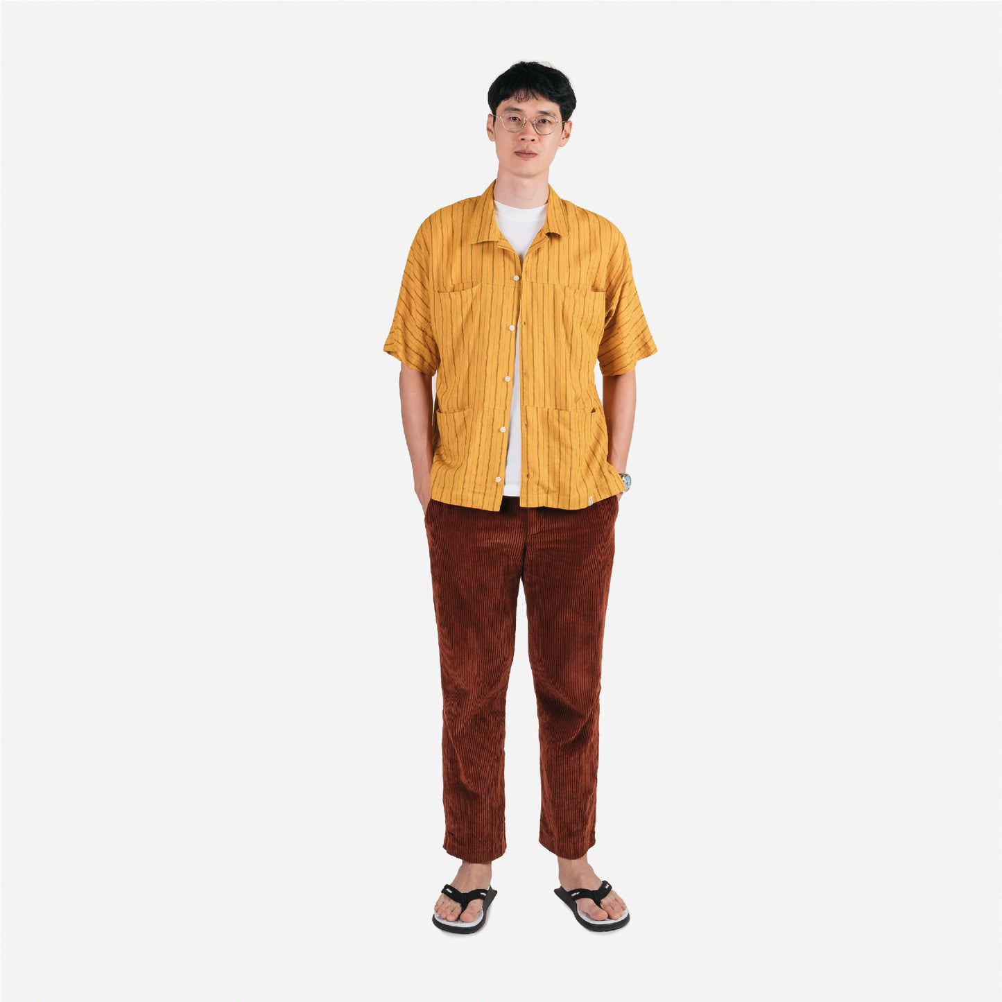 Spread Collar Shirt / Cotton Rayon Stripe - Yellow
