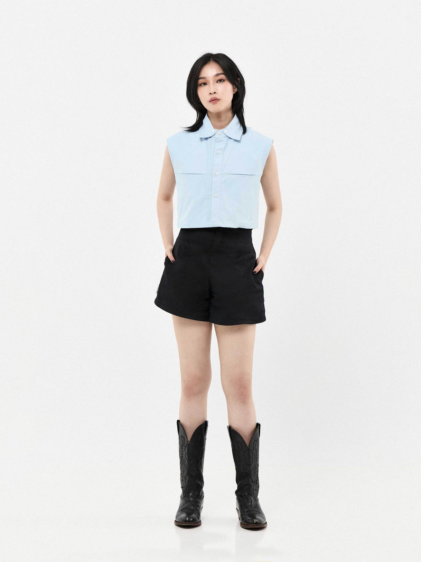 DOUBLE COLLAR SHORT SLEEVE CROPPED SHIRT | BLUE