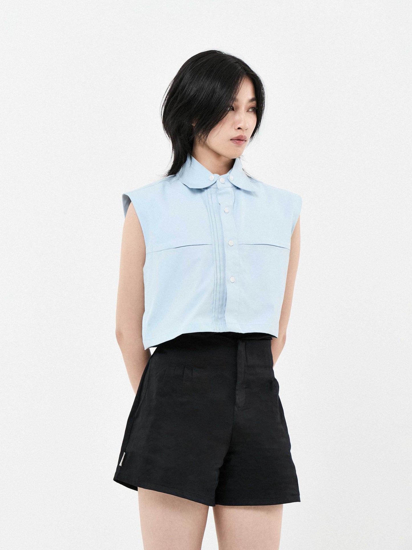 DOUBLE COLLAR SHORT SLEEVE CROPPED SHIRT | BLUE