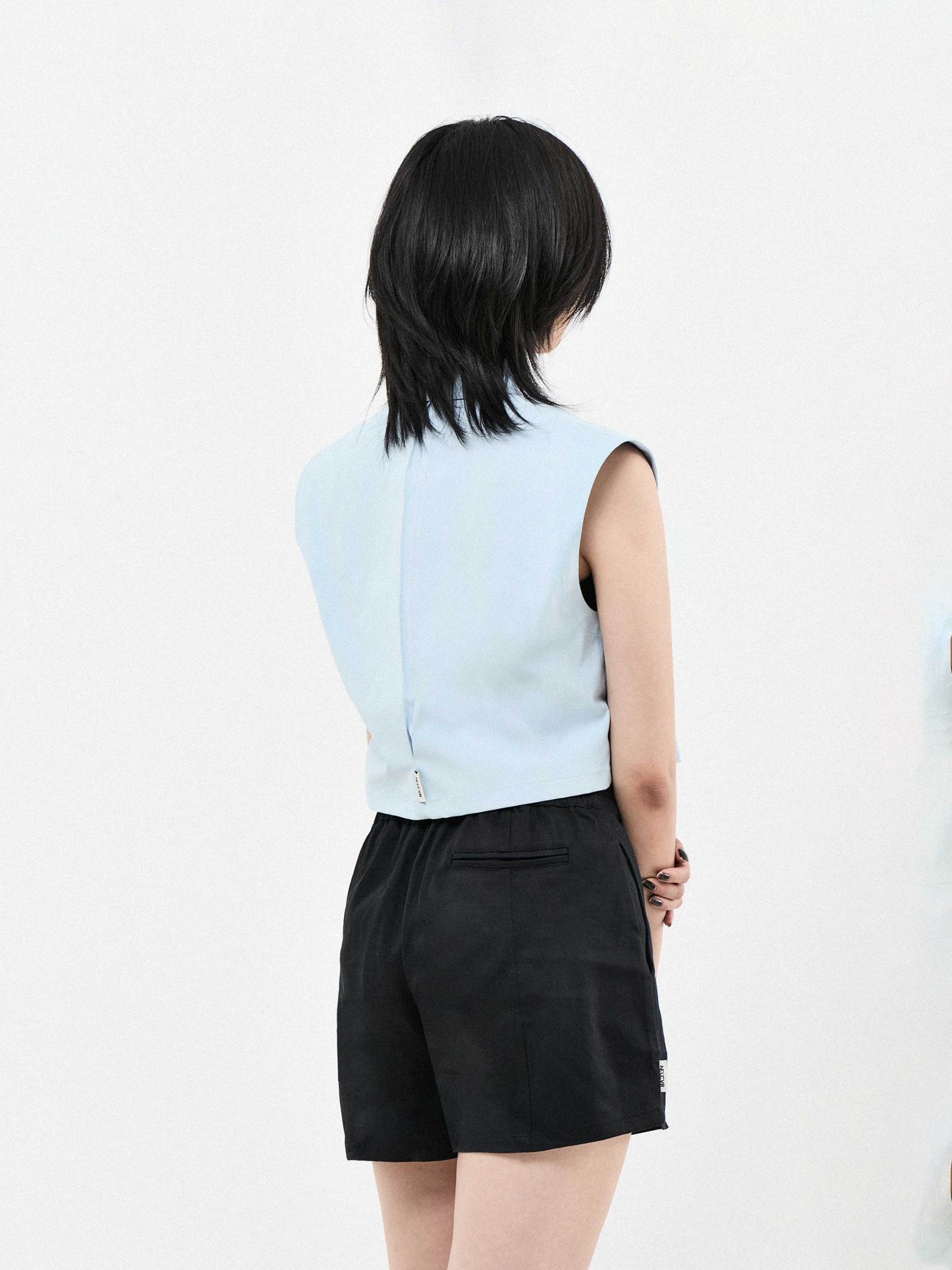 DOUBLE COLLAR SHORT SLEEVE CROPPED SHIRT | BLUE