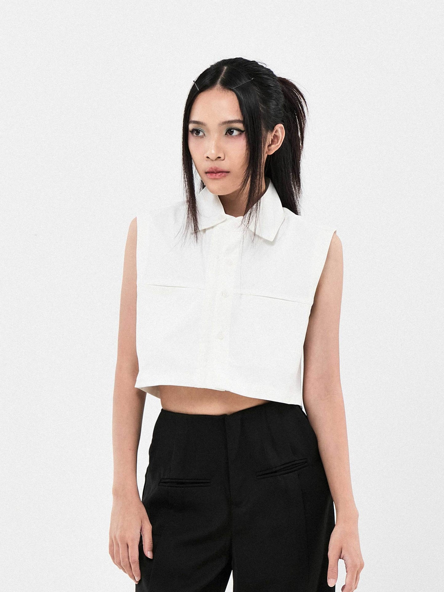 DOUBLE COLLAR SHORT SLEEVE CROPPED SHIRT | WHITE