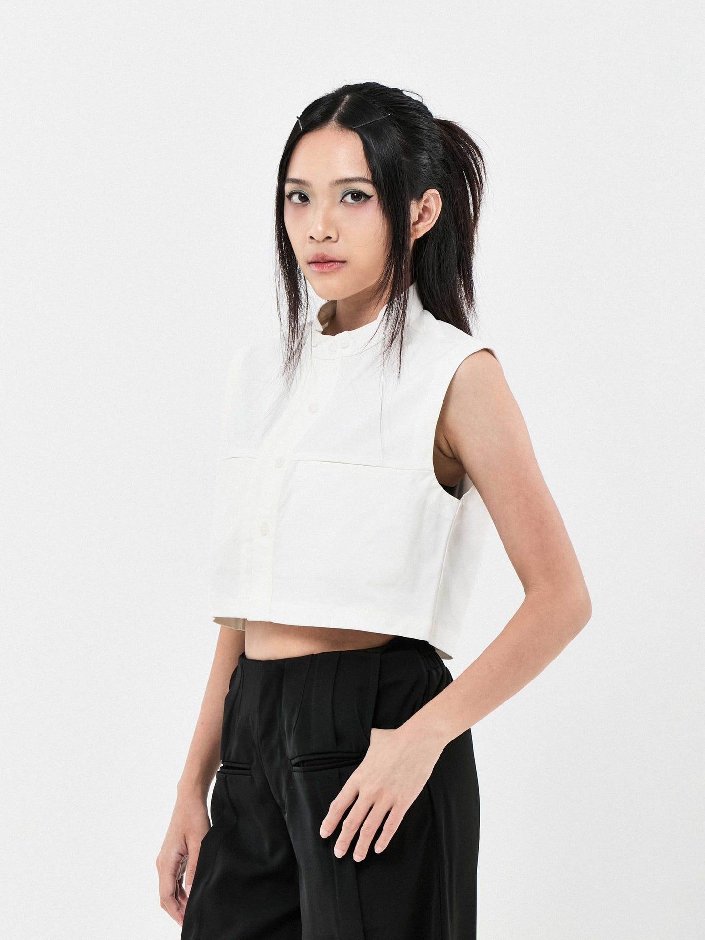 DOUBLE COLLAR SHORT SLEEVE CROPPED SHIRT | WHITE