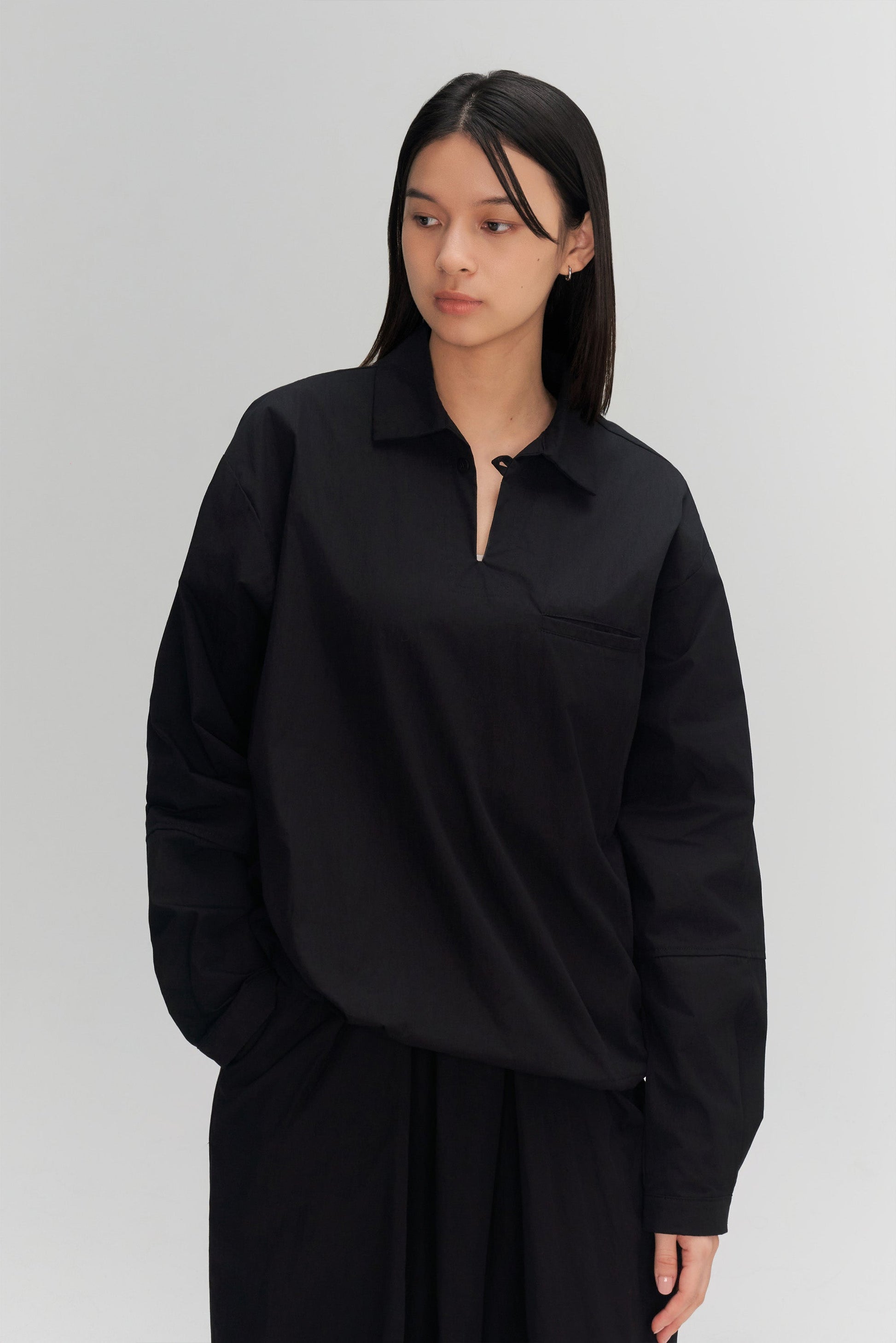Gender Neutral Skipper Collar Long Sleeve Shirt (Black) - BEV C multi label store