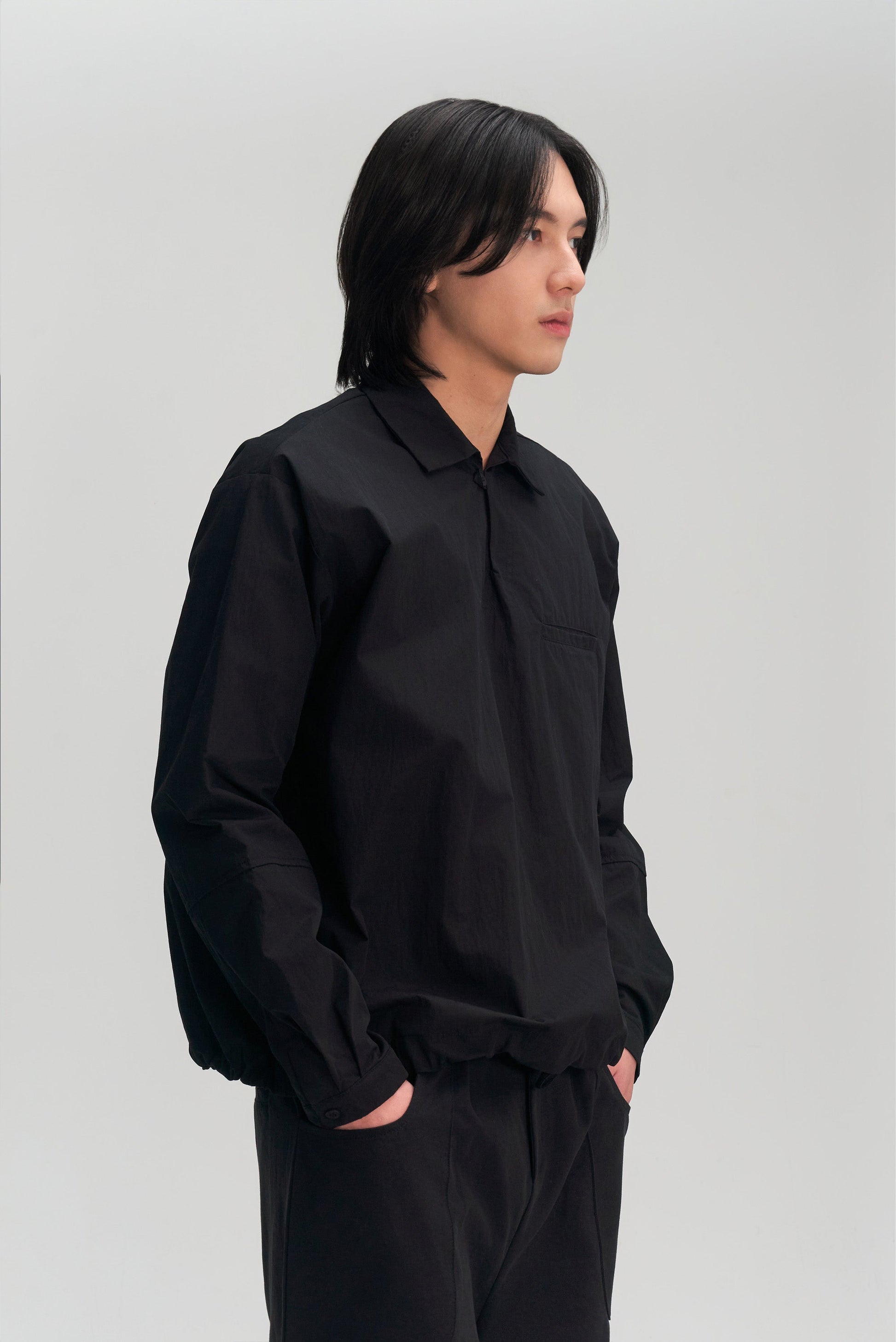 Gender Neutral Skipper Collar Long Sleeve Shirt (Black) - BEV C multi label store