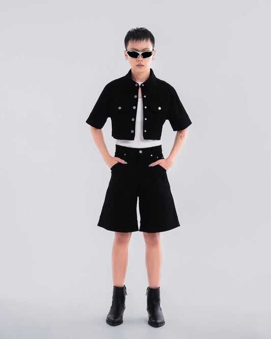 NOIZ N5SP3 MID-RISE DENIM BERMUDA SHORTS - BLACK