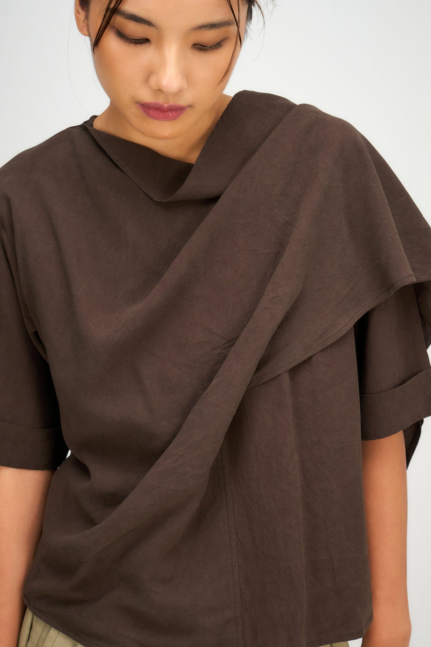 Neck-Scarf Half Sleeve Blouse (Brown)