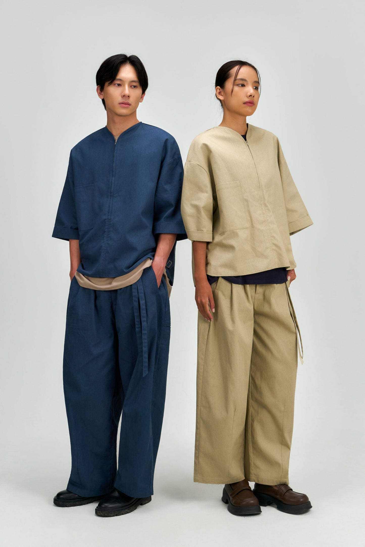 Gender Neutral Double Belted Long Trousers (Beige)