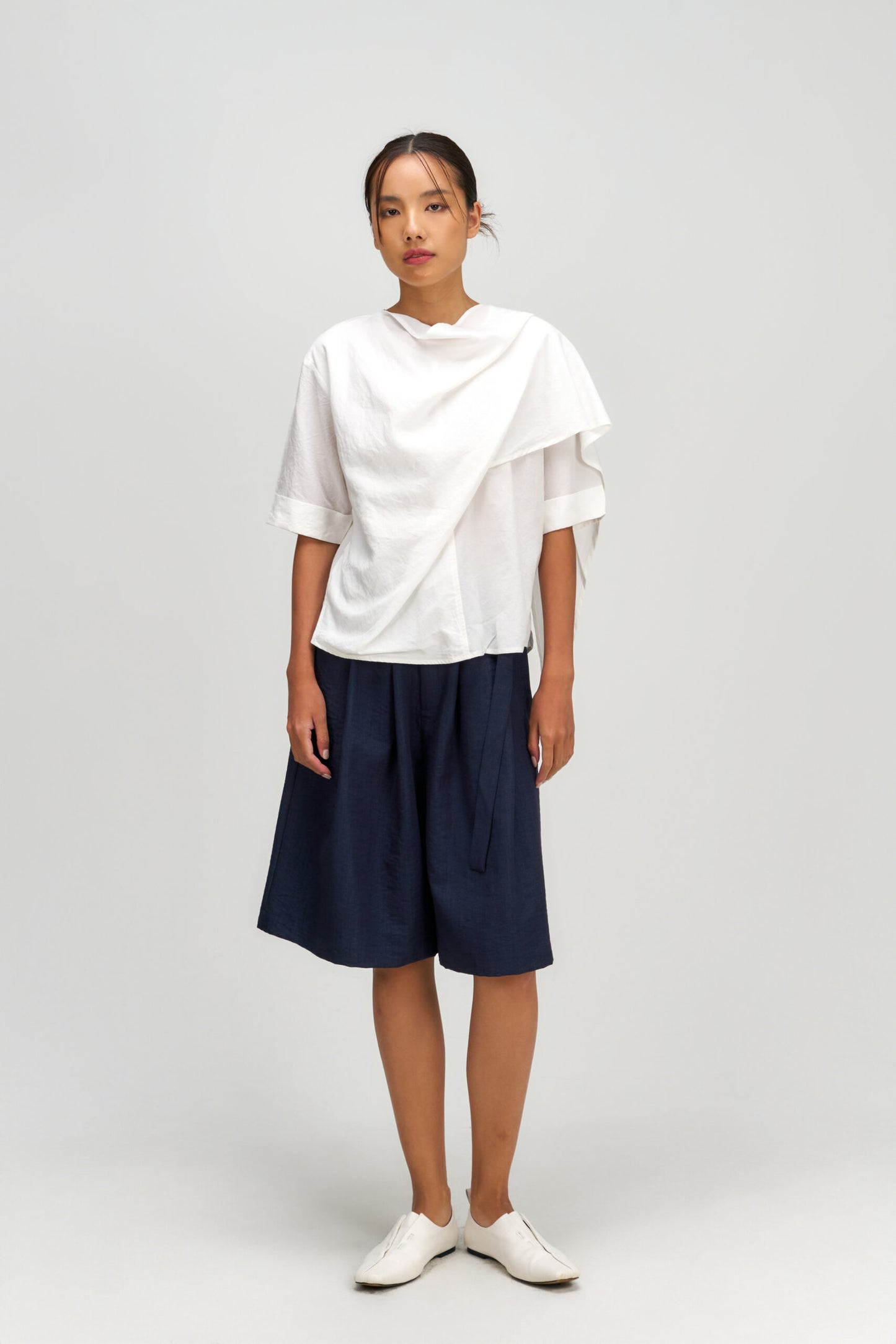 Neck-Scarf Half Sleeve Blouse (White)