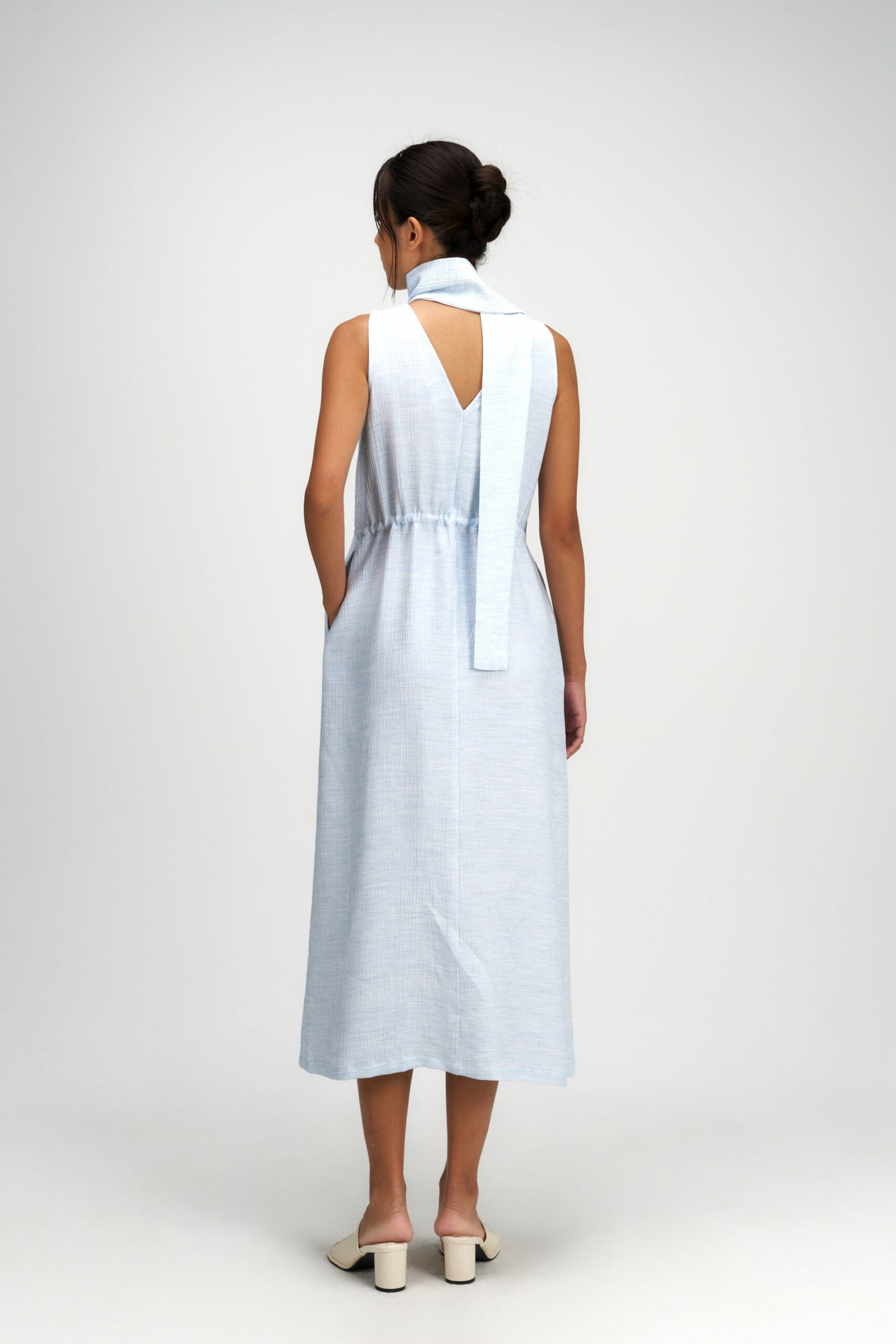 Pleated High Neck Scarf Dress (Blue)