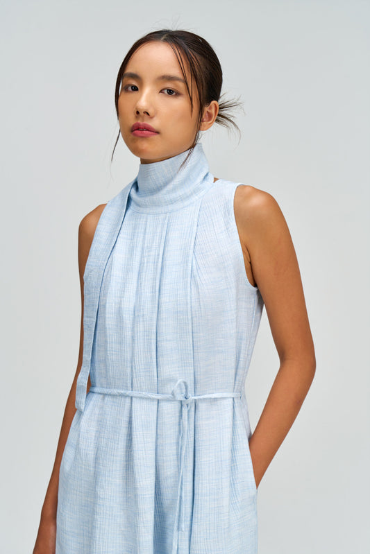 Pleated High Neck Scarf Dress (Blue)