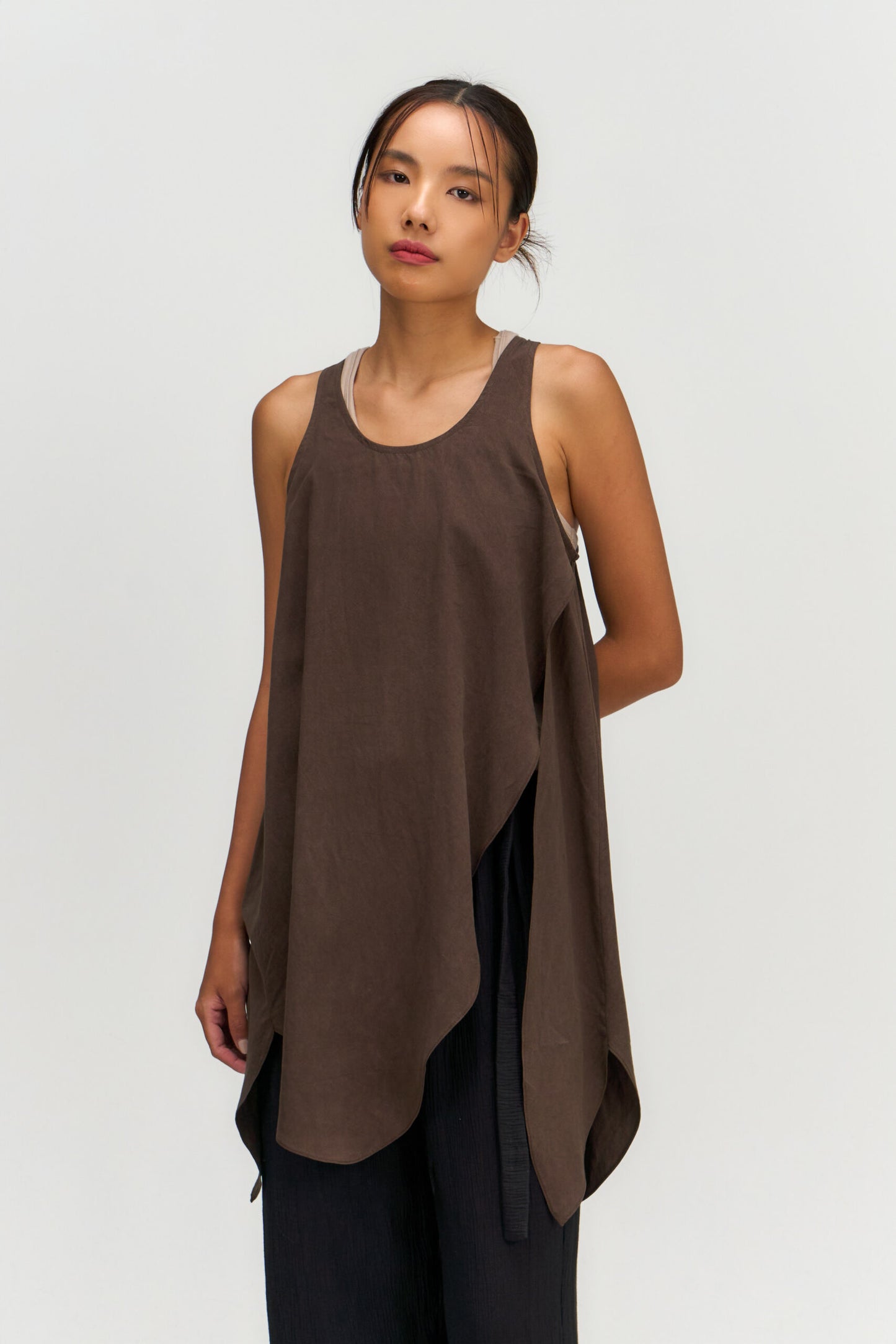 Asymmetrical Layering Long Tank Top (Brown)