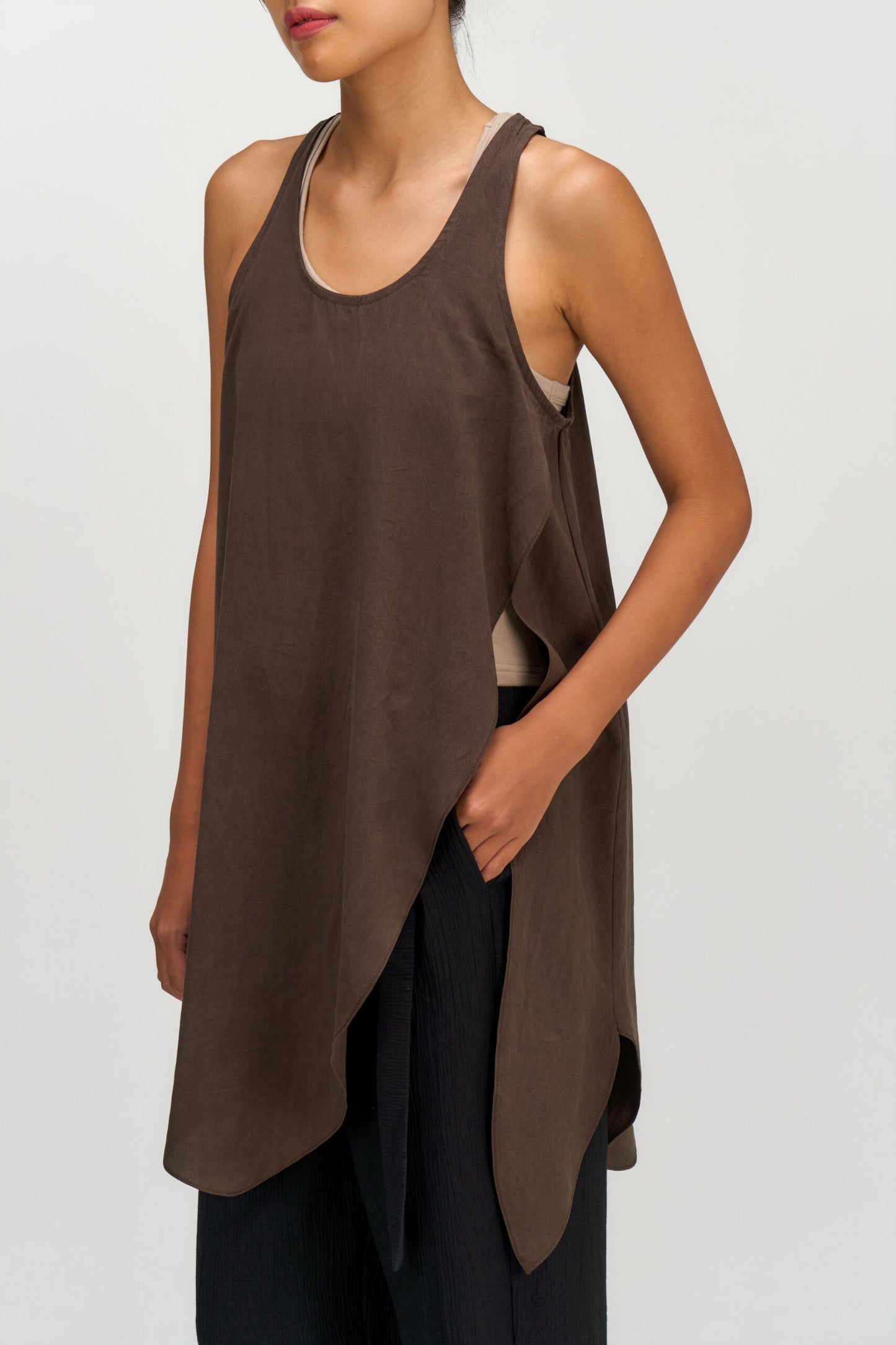 Asymmetrical Layering Long Tank Top (Brown)