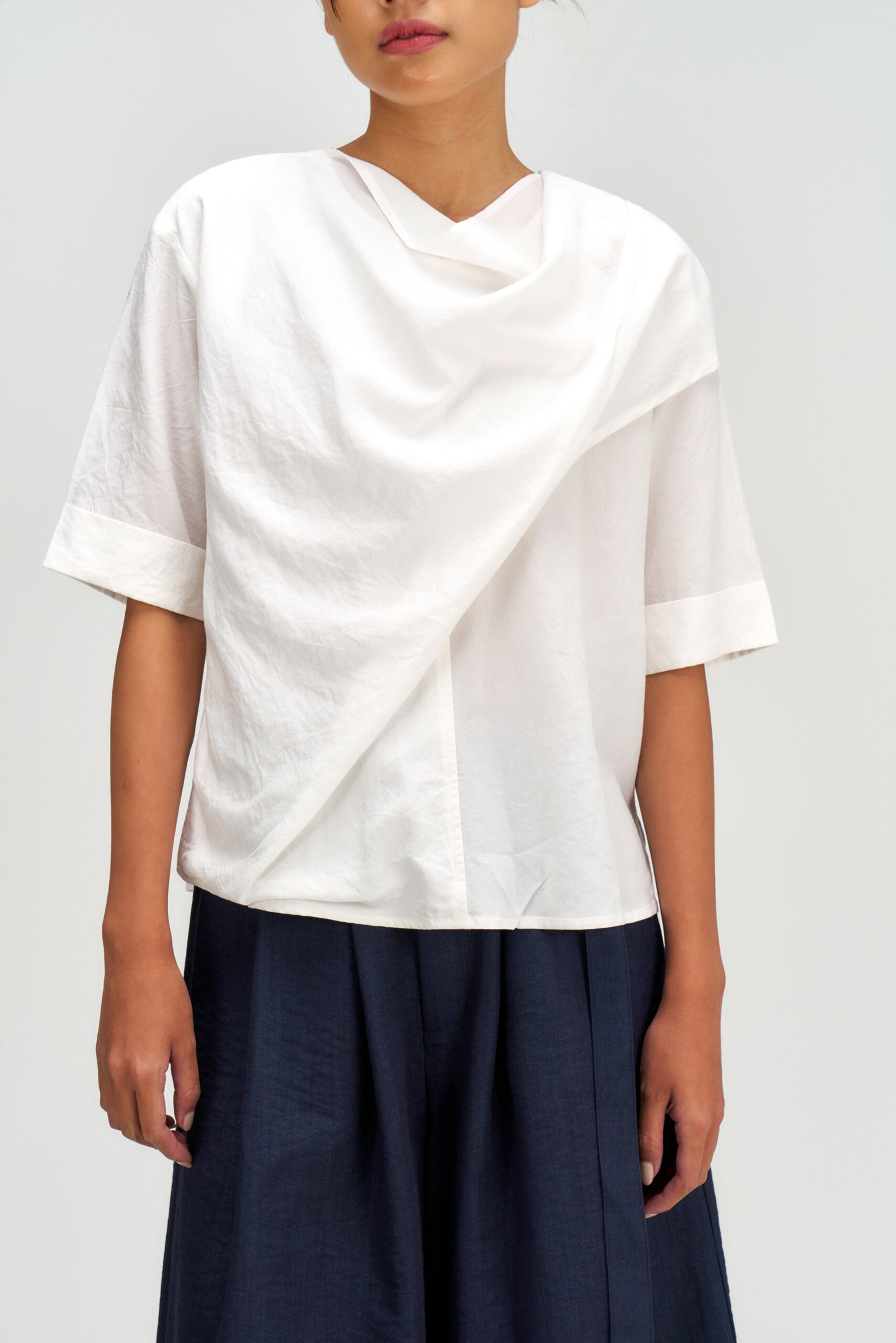 Neck-Scarf Half Sleeve Blouse (White)