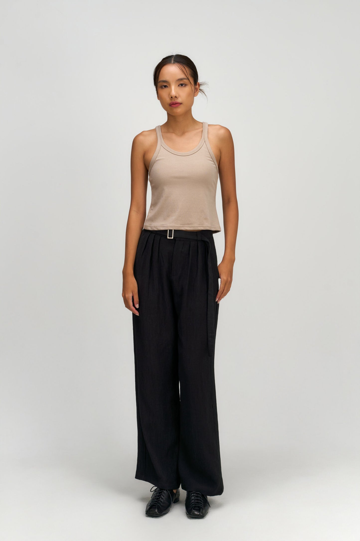 Tri Pleated Belted Trousers (Black)