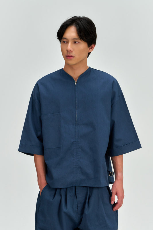 Gender Neutral Collarless Half-Zipper Shirt (Blue)