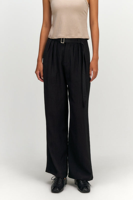 Tri Pleated Belted Trousers (Black)