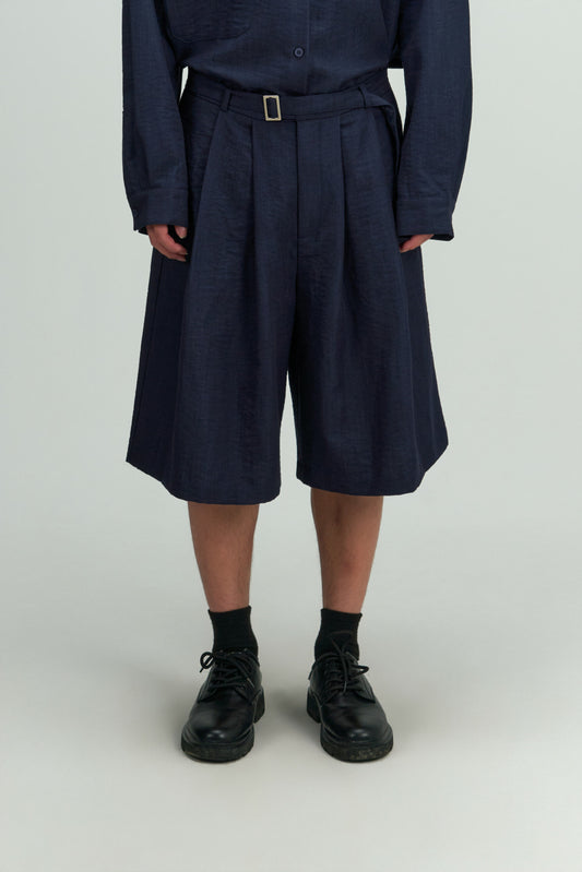 Gender Neutral Pleated Belted Short (Navy)