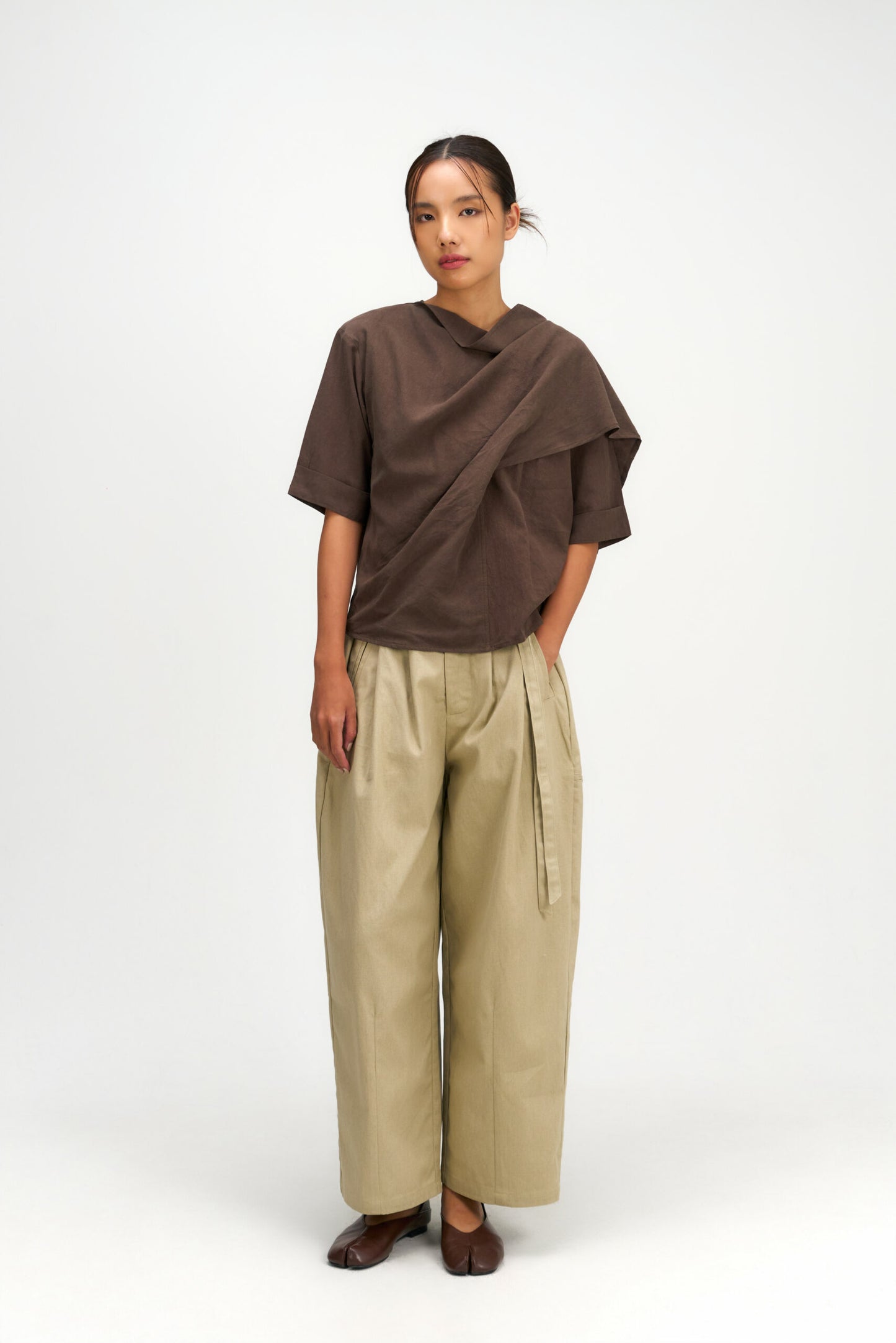 Gender Neutral Double Belted Long Trousers (Beige)