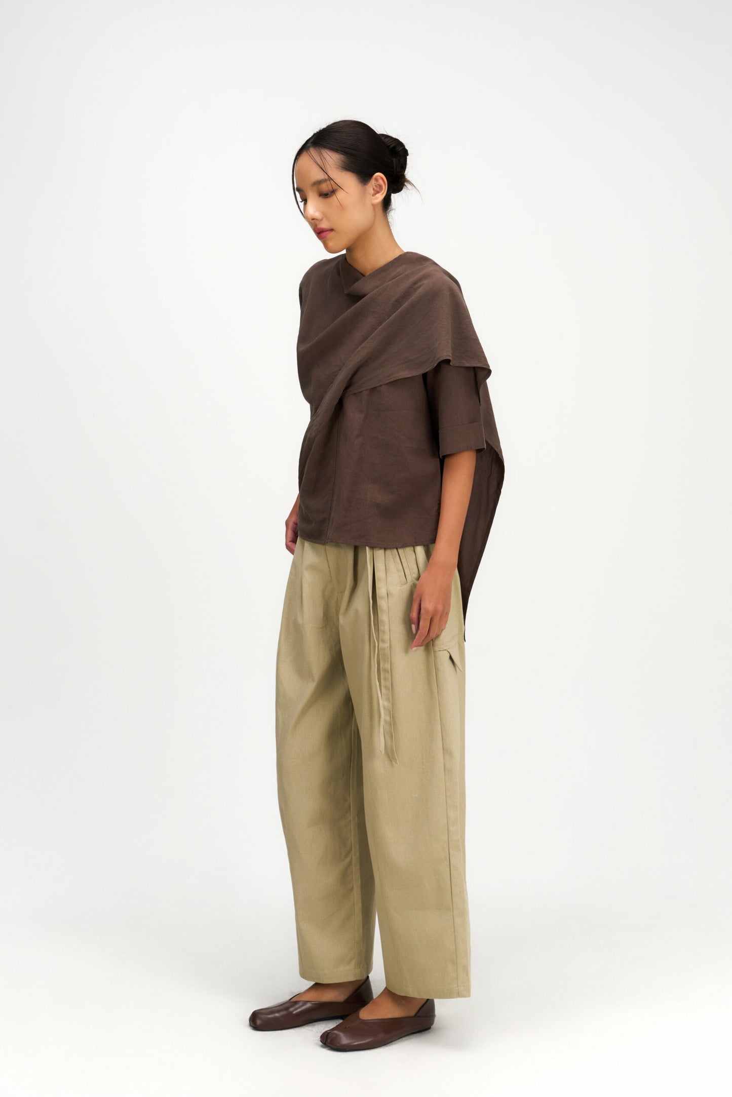 Neck-Scarf Half Sleeve Blouse (Brown)