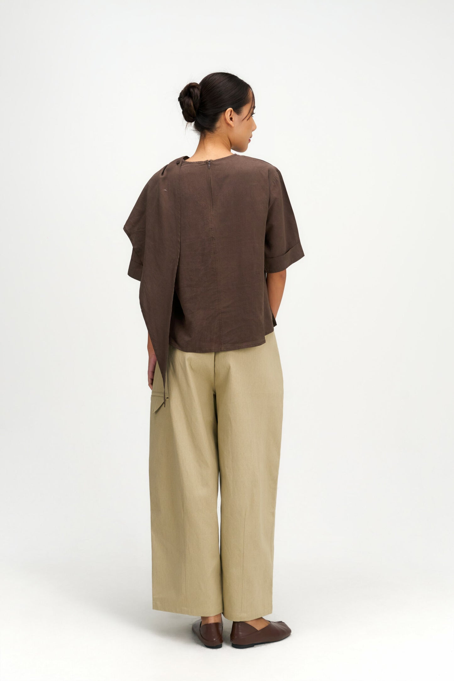 Neck-Scarf Half Sleeve Blouse (Brown)