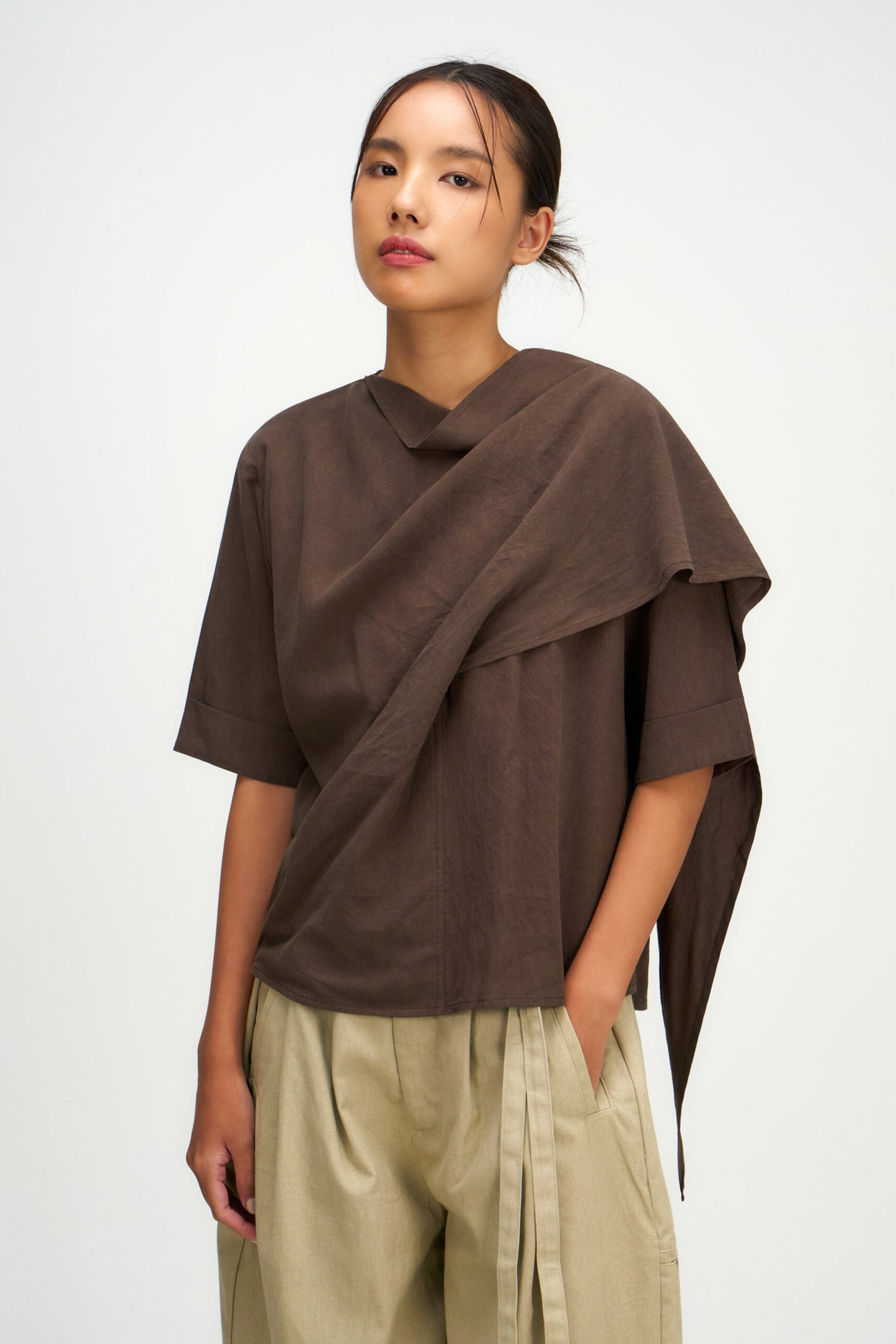 Neck-Scarf Half Sleeve Blouse (Brown)