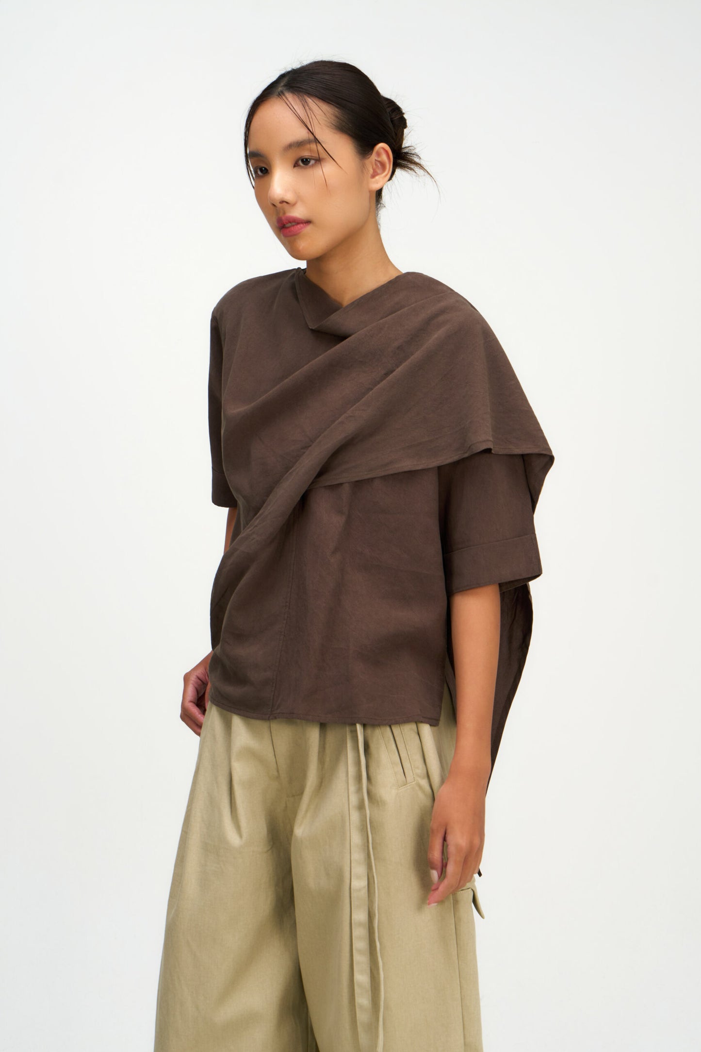Neck-Scarf Half Sleeve Blouse (Brown)