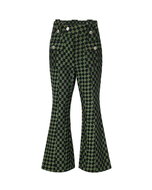 Chequerboard Kojima Denim Trousers (Moss Green & Coal Black Checks)