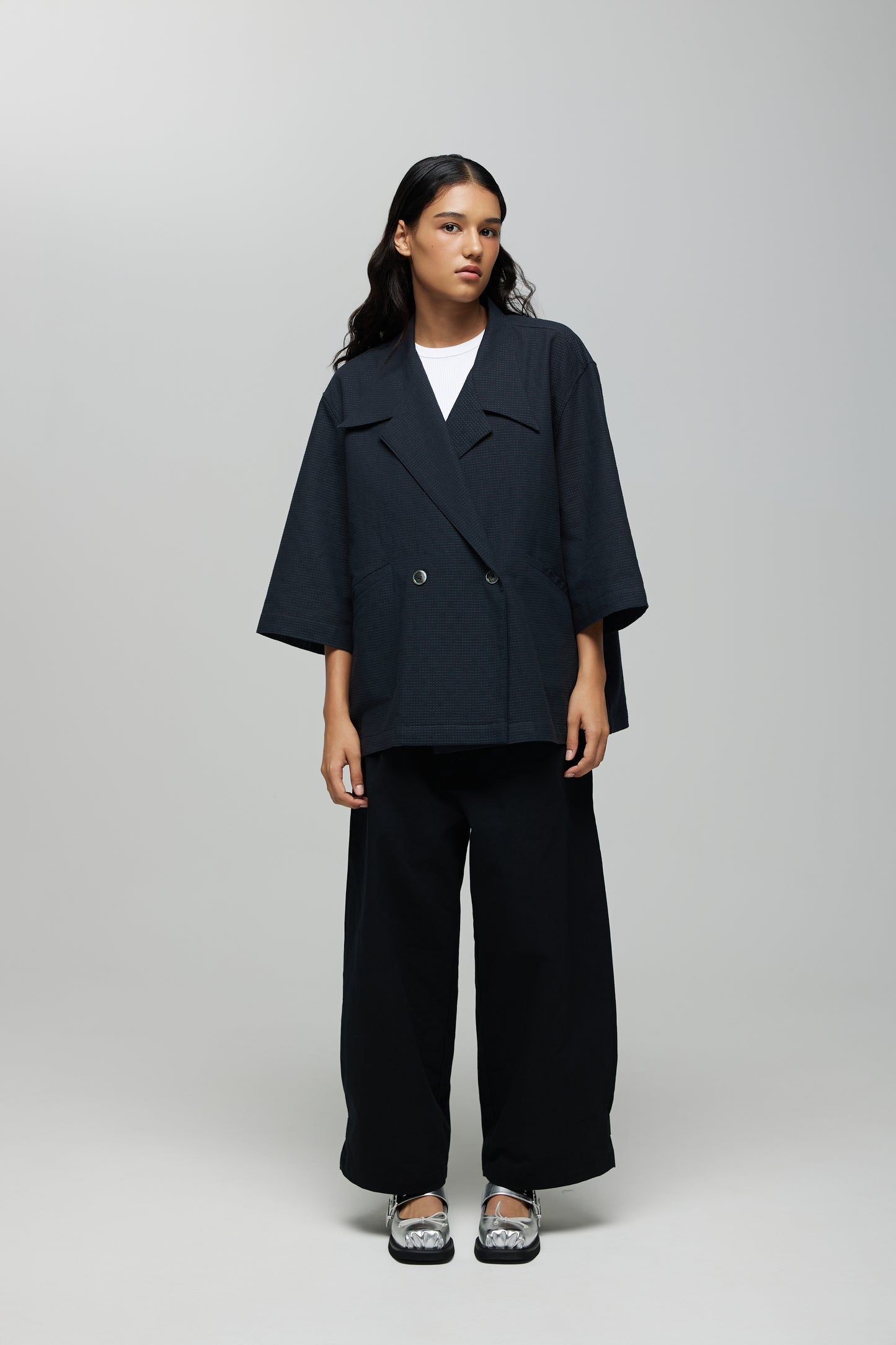 KIMONO TRENCH JACKET IN BLACK GRID SASHIKO