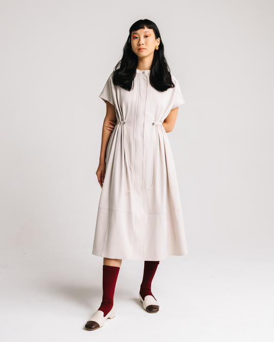 Drawstring Midi Dress (Beige Denim)