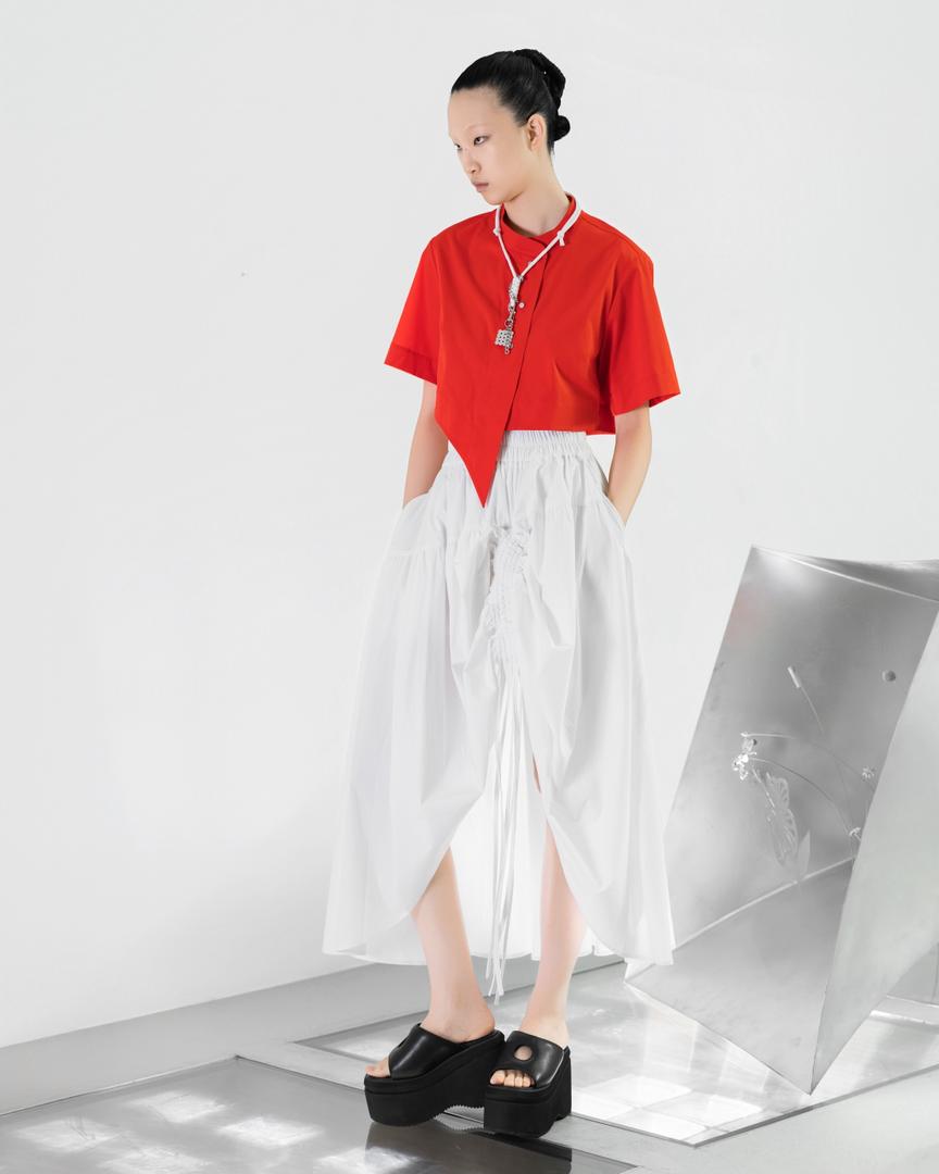 N8SK4 Layered Drawstring O-Strape Skirt - White