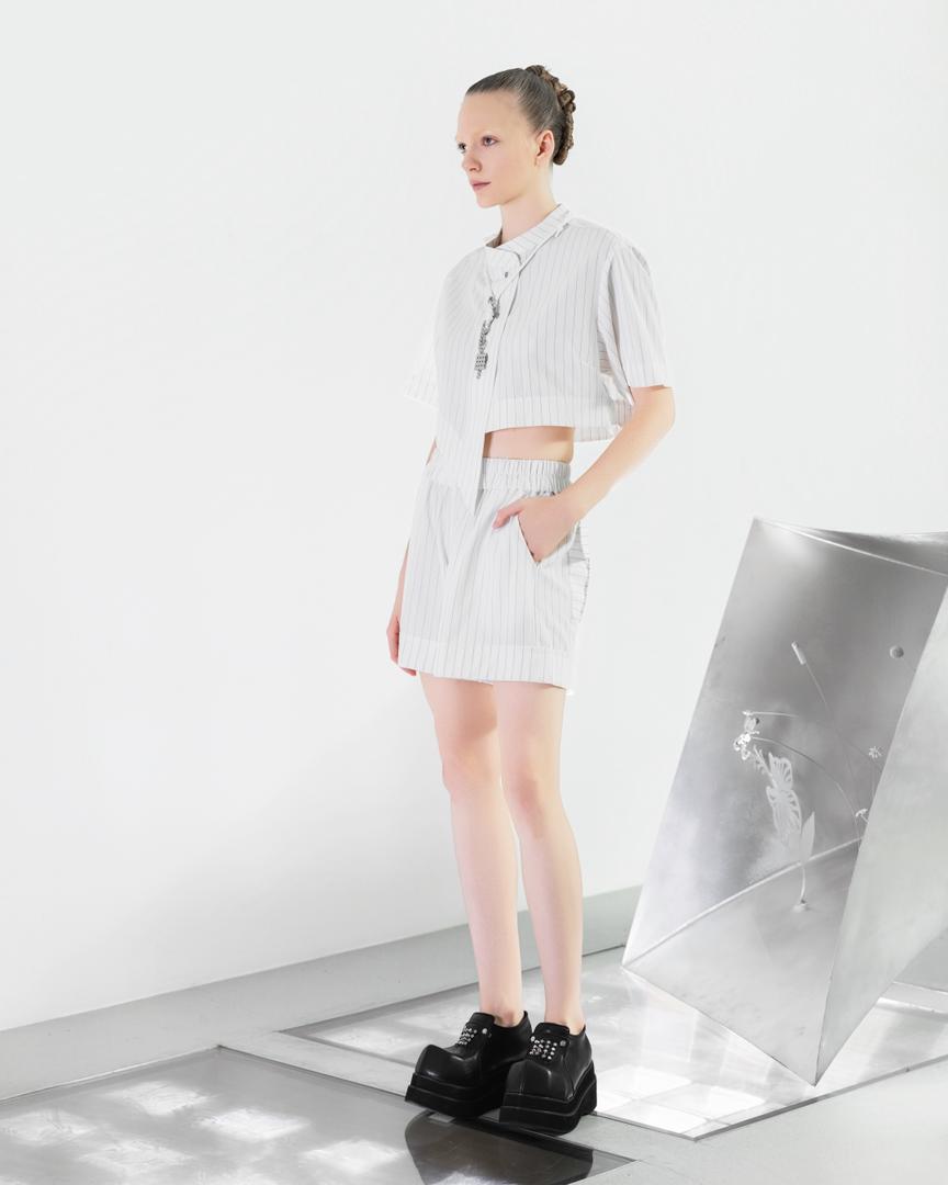 NOIZ N8TPK1 Asymmetrical Diagonal-Cropped Stand-Collar Top - Stripe