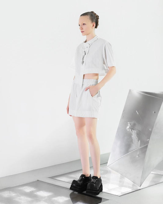 NOIZ N8TPK1 Asymmetrical Diagonal-Cropped Stand-Collar Top - Stripe