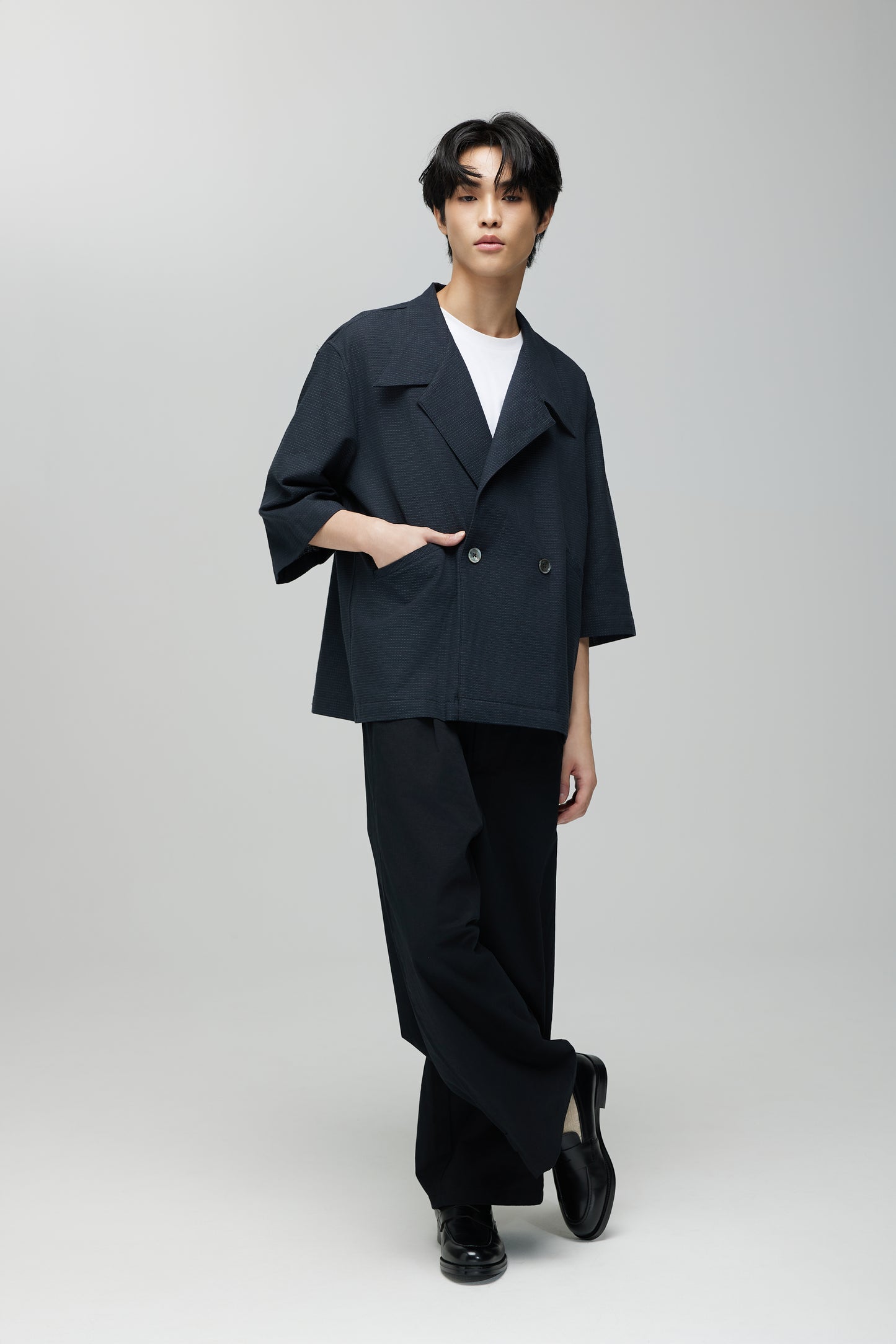 KIMONO TRENCH JACKET IN BLACK GRID SASHIKO