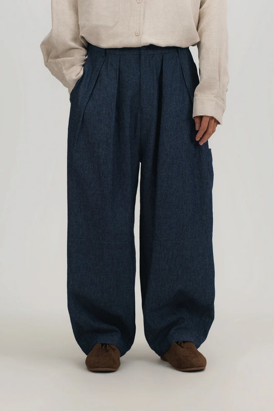 Gender Neutral Cocoon Trousers (Linen Denim / Blue)