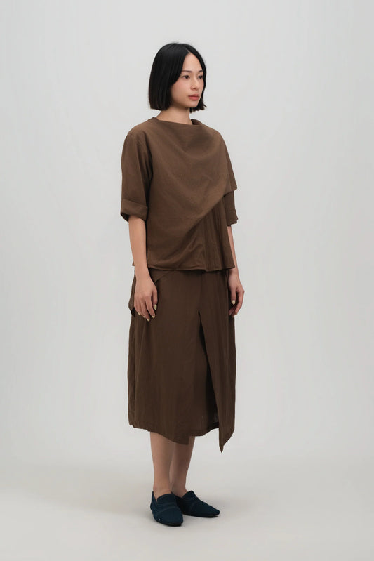 Neck-Scarf Half Sleeve Blouse (Brown Grid) - BEV C multi label store