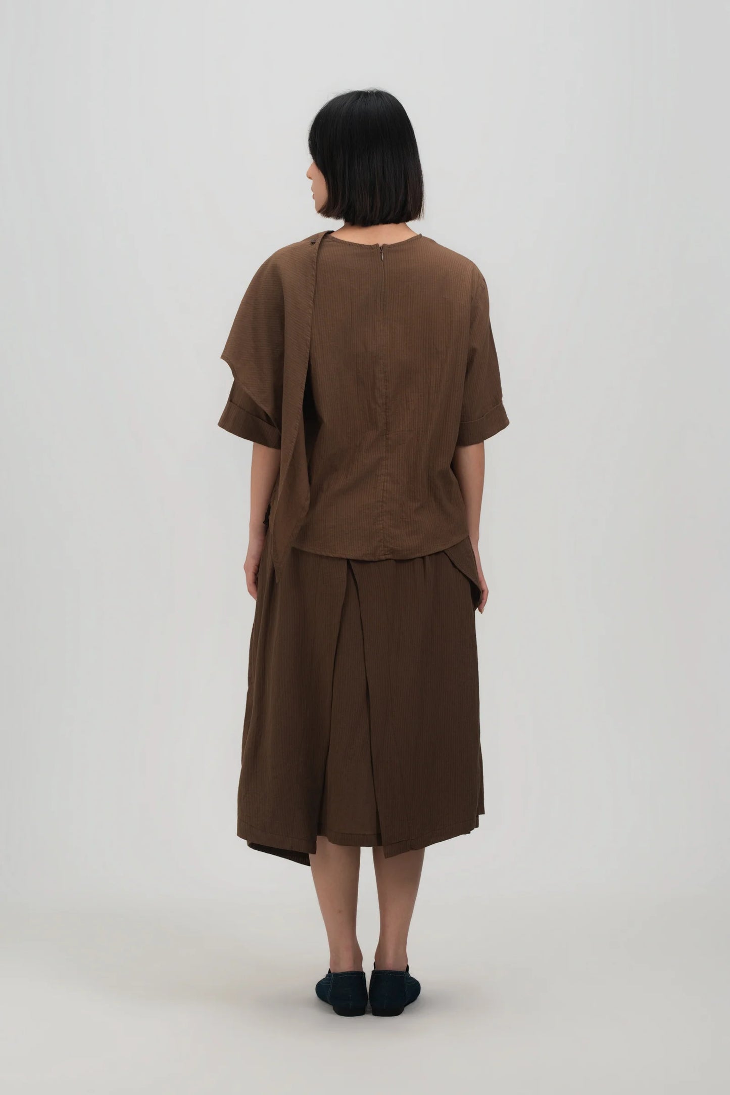 Neck-Scarf Half Sleeve Blouse (Brown Grid)