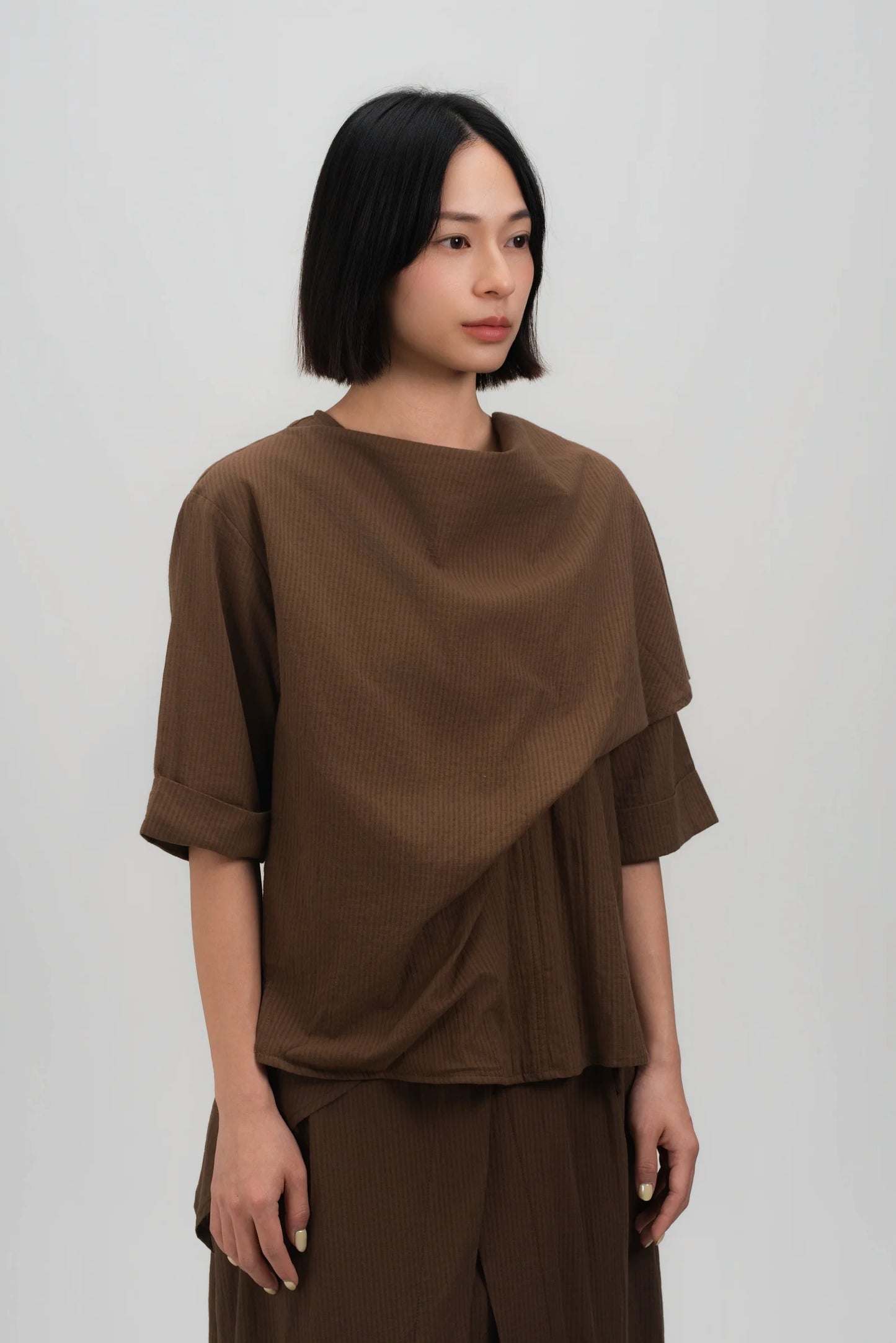 Neck-Scarf Half Sleeve Blouse (Brown Grid)