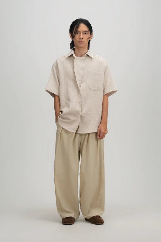 Gender Neutral Drape Neck Short-Sleeve Shirt (Linen Beige) - BEV C multi label store