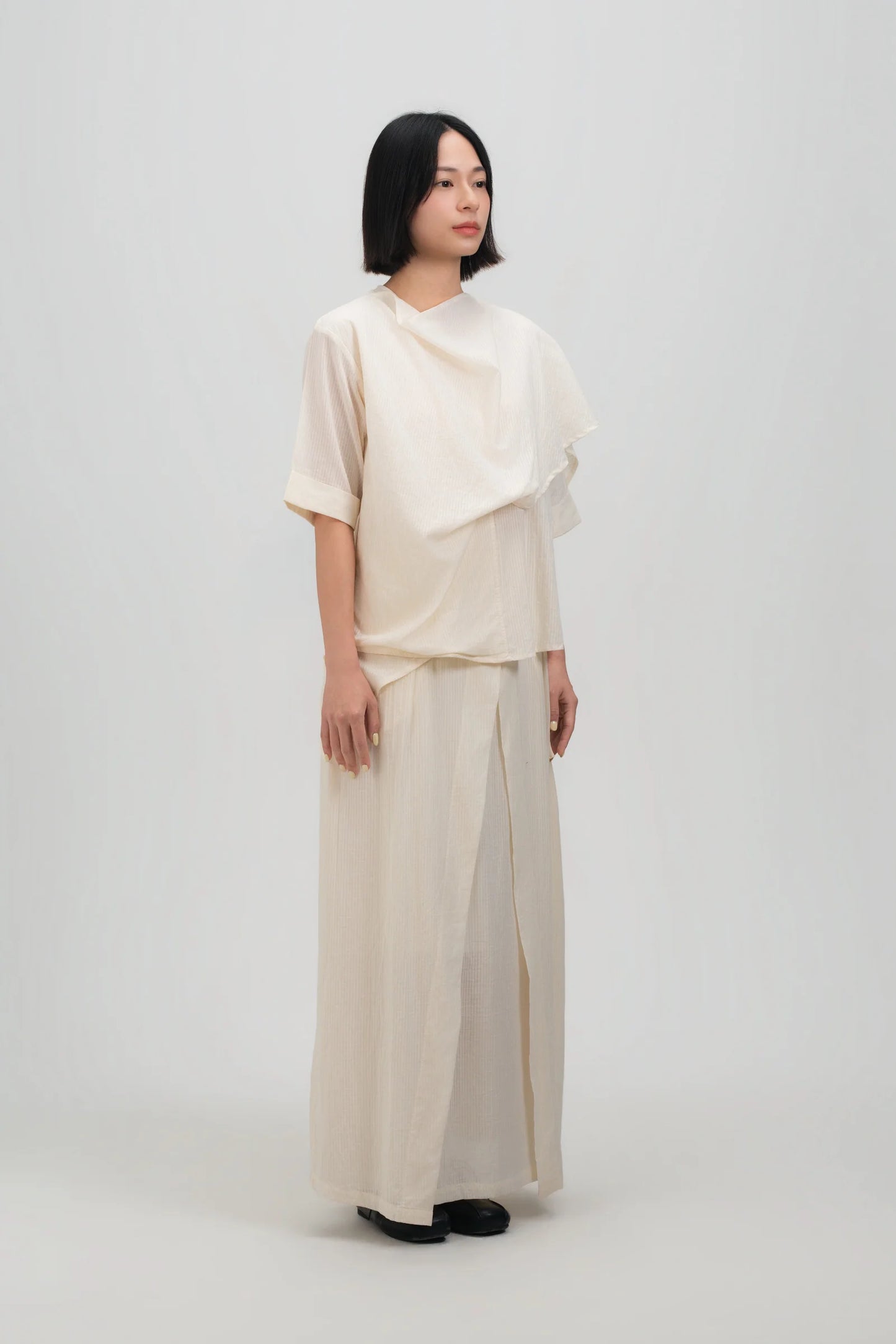 Neck-Scarf Half Sleeve Blouse (Off White Grid)