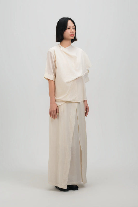 Neck-Scarf Half Sleeve Blouse (Off White Grid)