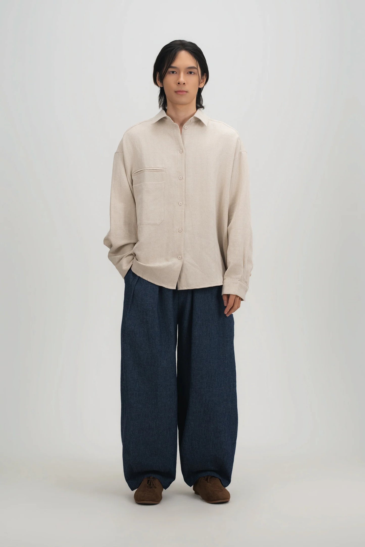 Gender Neutral Oversized Arm Long Sleeve Blouse (Linen Beige)