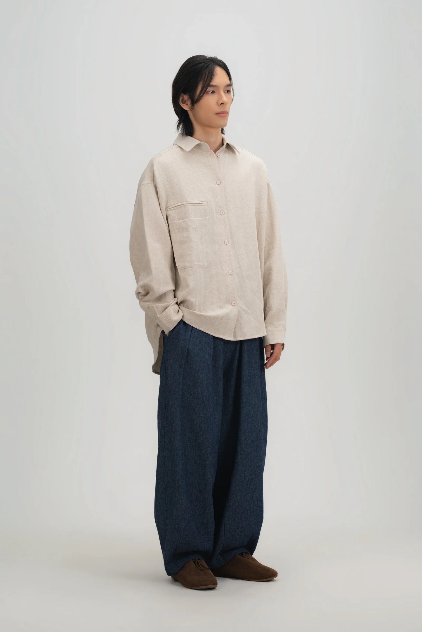 Gender Neutral Oversized Arm Long Sleeve Blouse (Linen Beige)