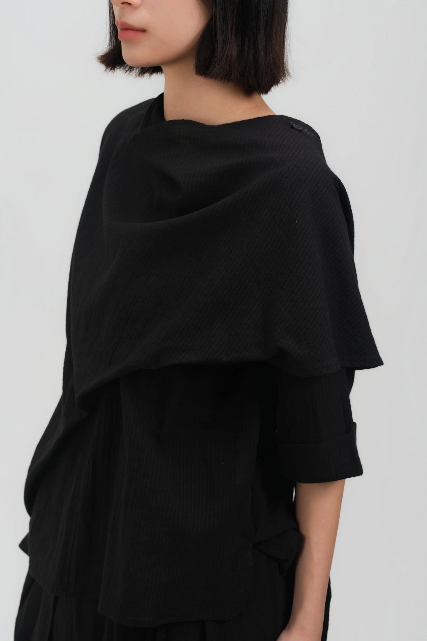 Neck-Scarf Half Sleeve Blouse (Black Grid)