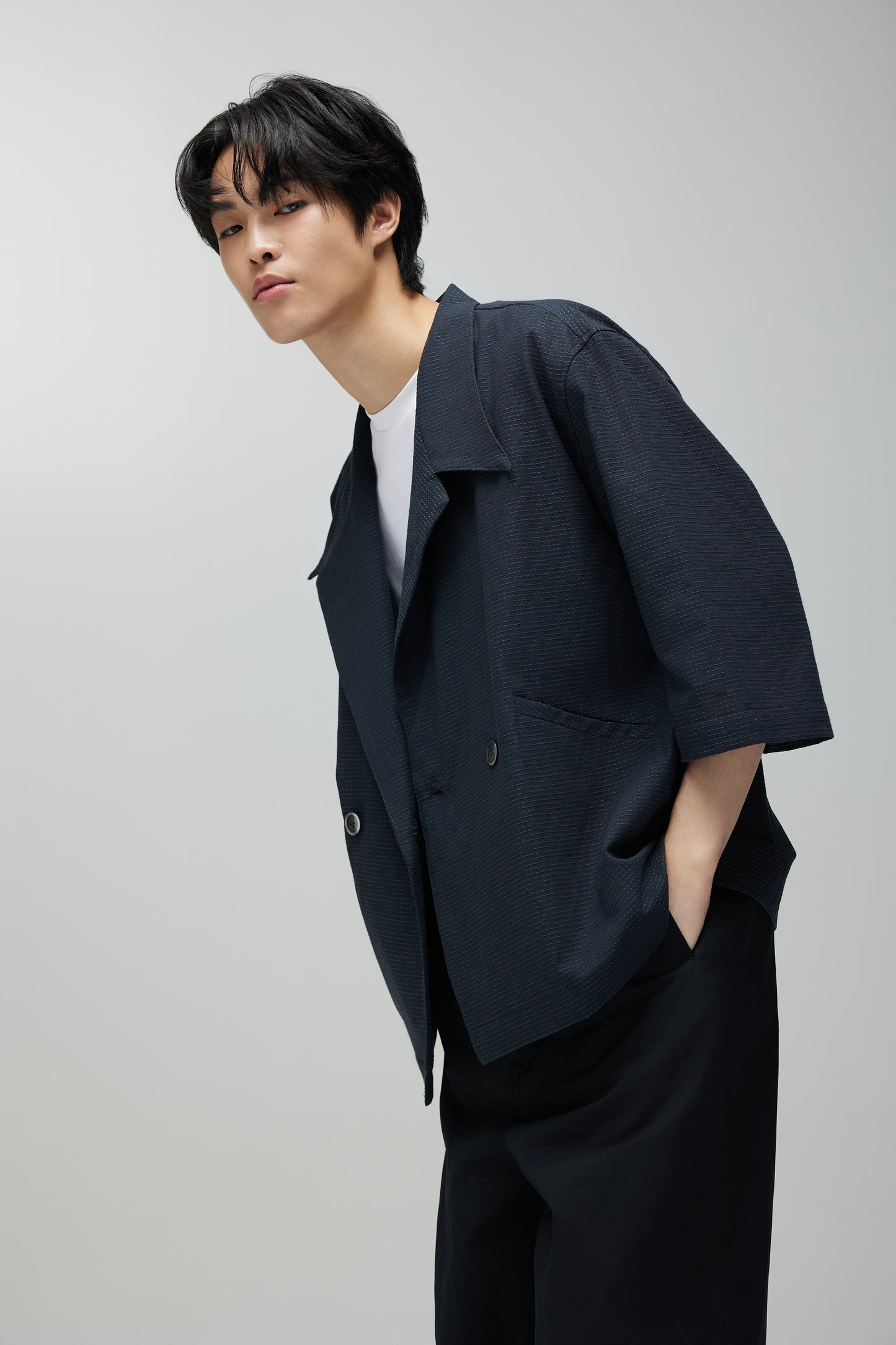 KIMONO TRENCH JACKET IN BLACK GRID SASHIKO